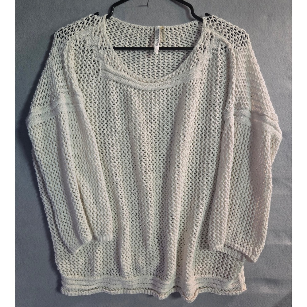 Monoreno Cream Open Knit Crochet Sweater Womens Large Boho Scoop Neck Pullover